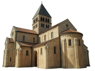 Fototapeta premium Ancient stone church with red tile roof and tall steeple isolated on a transparent background
