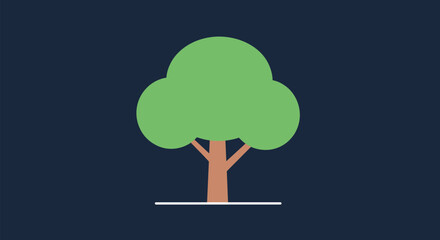 Minimalist flat design illustration of a simple green tree with a brown trunk on a dark blue background, representing nature.