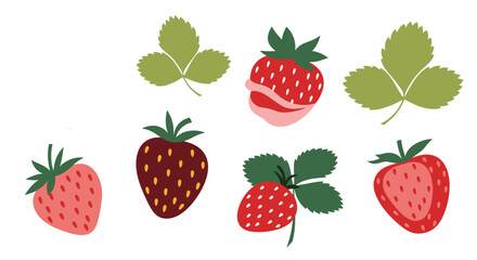 Collection of cute, hand-drawn strawberry illustrations in various styles, including whole berries, leaves, and chocolate-dipped strawberries.