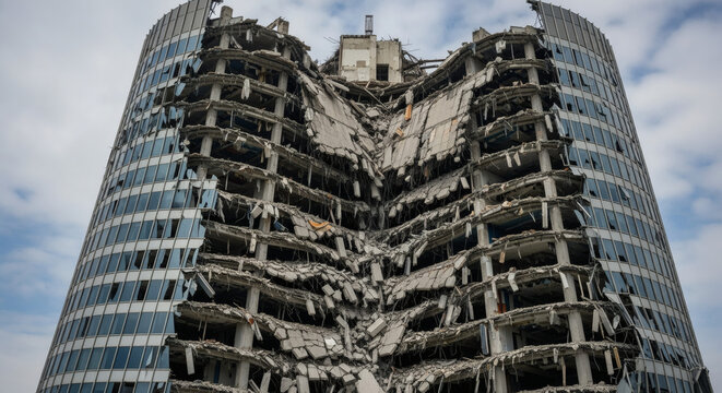 A tall cylindrical building is severely damaged, with a gaping chasm carved deep into its center, revealing interior floors. Debris hangs
