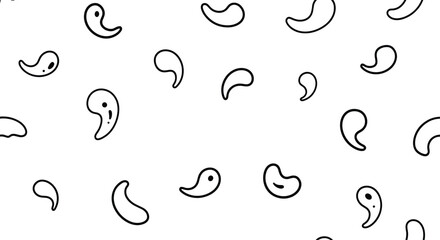 Seamless monochrome pattern of scattered, hand-drawn abstract paisley or comma-like shapes, creating a simple and playful background.