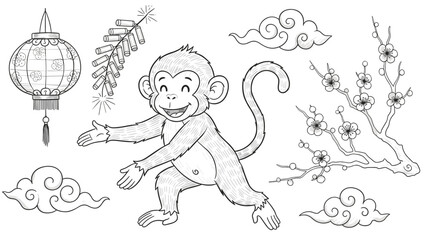 Fototapeta premium Playful monkey with cherry blossoms and lantern for Chinese New Year, Generative AI.