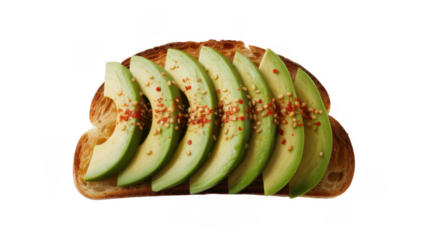 Avocado slices on toasted bread with chili flakes sesame seeds isolated on a transparent background