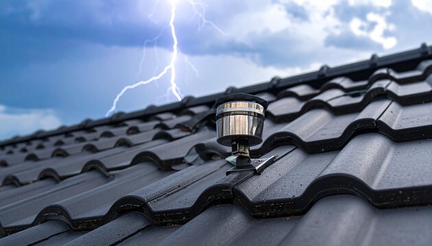 Lightning rod on a house roof during a severe thunderstorm. Lightning strike captured near the protection system. Electrical discharge concept.