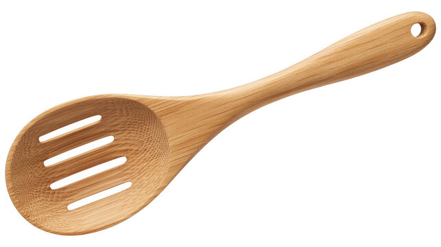 Bamboo slotted spoon on black kitchen utensil cooking isolated on a transparent background