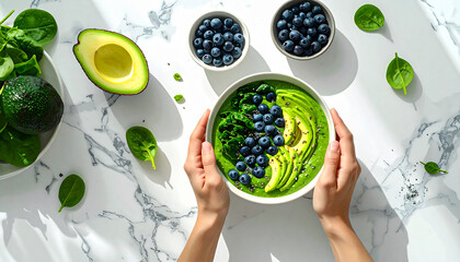 Green smoothie bowl topped with fresh avocado slices, blueberries, and seeds. Clean eating and holistic health concept.