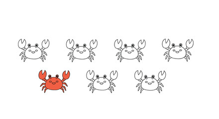 Educational puzzle for children to find the one different colored crab among many outlined ones, teaching observation skills.