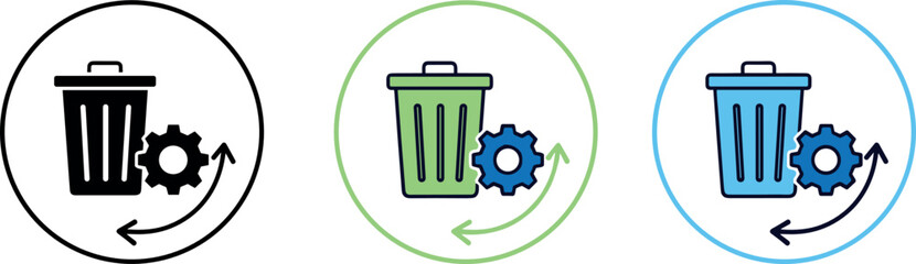 Recycle bin and waste management process icon set vector illustration showing trash can with gear and circular arrows for recycling, cleanup workflow, and environmental sustainability design