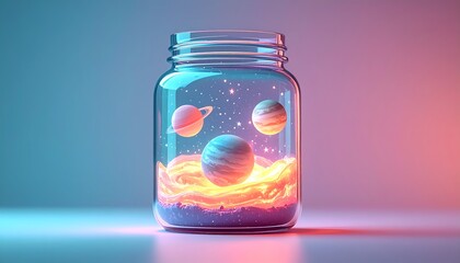 Miniature Cosmic Galaxy with Glowing Planets and Nebulae in a Glass Jar, set against a Vibrant Neon Gradient Background