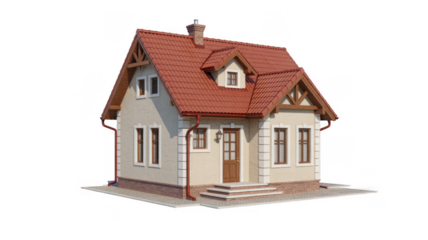 Beige house with red roof and white trim brown door isolated on a transparent background