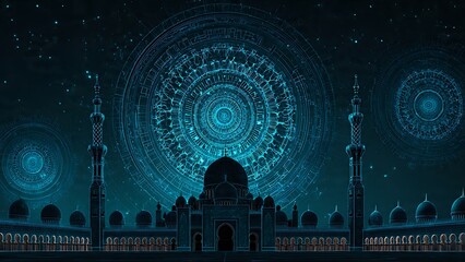 Mosque at night with intricate geometric patterns and starry sky