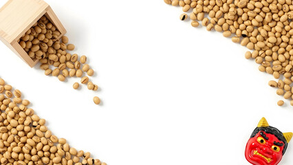 節分の豆まきと枡に鬼の面を配置した和風フレーム素材 白背景 16:9