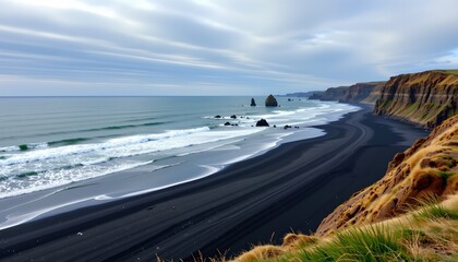 A coastal landscape with expansive views of the ocean, featuring a dark sand beach, green cliffs, a rocky shoreline, an overcast sky, and a horizon of the ocean meeting the sky at the horizon.