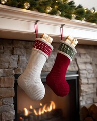 Cozy holiday scene featuring two festive stockings hung over a stone fireplace, adorned with garland and twinkling lights.