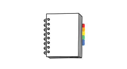 Simple hand-drawn animation of a spiral-bound notebook with colorful rainbow page markers appearing on a clean white background.