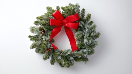 A festive evergreen wreath adorned with a bright red bow, perfect for holiday decorations and celebrations.