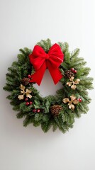 A festive green wreath adorned with a red bow and decorative elements, perfect for holiday decorations.