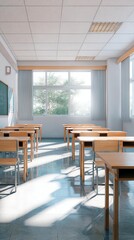 A bright, modern classroom featuring rows of desks, large windows, and natural light illuminating the space.