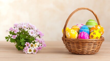 A vibrant basket of decorated Easter eggs next to a bouquet of flowers, creating a festive spring ambiance.