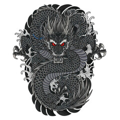 Detailed Illustration of a Black Dragon with Red Eyes.