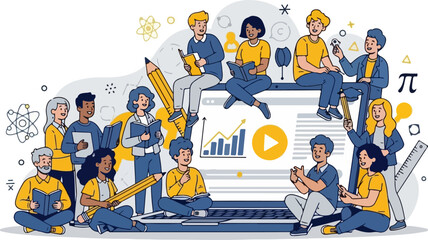 Diverse Students Studying on a Giant Laptop Screen for Online Education Concept