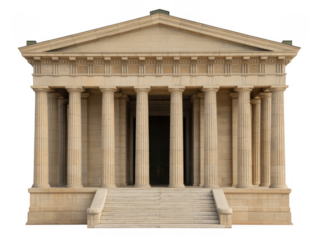 Beige stone building with columns and stairs isolated on a transparent background