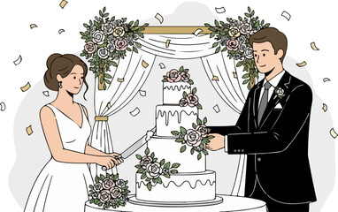 Bride and Groom Cutting a Tiered Wedding Cake Under a Floral Arch