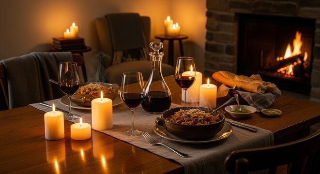 A cozy and intimate dinner setting for two. The scene features a wooden table set with plates of pasta, glasses of red wine, a decanter, and several lit pillar candles