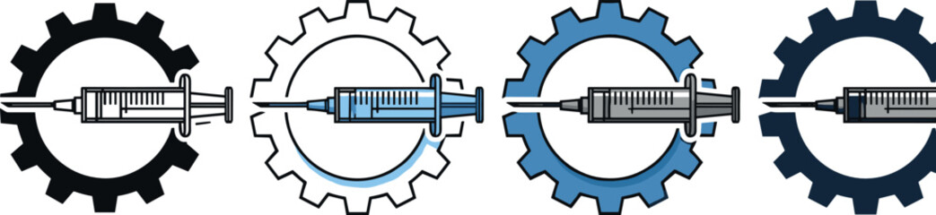 Manufacturing process and injection system concept vector illustration featuring connected gears and syringe mechanism for industrial automation, production workflow, and mechanical engineering design