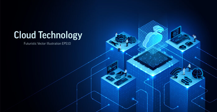 Cloud technology data network 3D vector illustration. Isometric server platform, secure storage digital concept. Cyber database abstract blue background. Computing, software, business analytics banner