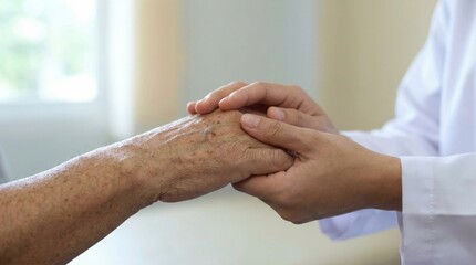 Hands holding in supportive gesture, conveying care and compassion in quiet interior.