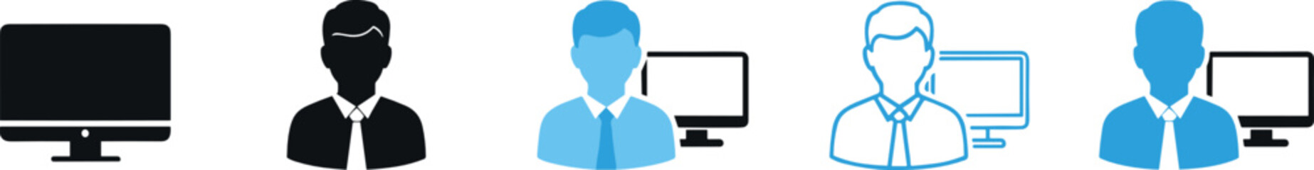 User profile and computer workstation icon set vector illustration showing people avatars with desktop screens for IT support, office work, user account, and system access design