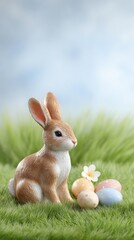 A charming ceramic rabbit sits in lush grass beside colorful Easter eggs, evoking a festive spring atmosphere.