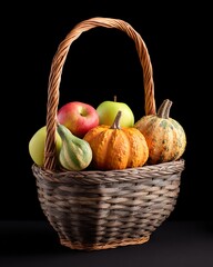 A woven basket filled with colorful apples and decorative pumpkins, set against a dark background, showcasing a vibrant autumn harvest.