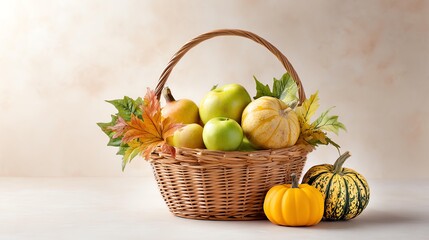 A decorative basket filled with green apples, pumpkins, and autumn leaves, showcasing a harvest theme.
