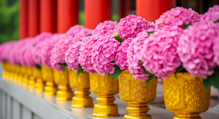 Vibrant pink flowers in golden vases at Buddhist temple