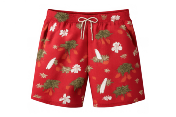 Red summer swim shorts with tropical pattern, white flowers and palm trees, perfect for beach holidays and vacations