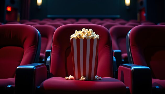 An empty movie theater with a prominent red chair in the foreground. A popcorn tub filled with fake popcorn is placed atop the chair