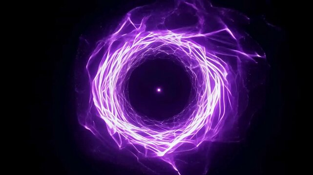Abstract purple electric energy ring rotating on black, creating a magical portal or sci-fi shield effect.