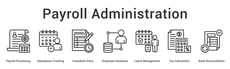 Payroll administration banner web icon processes attendance timesheets employee data leave tax and bank reconciliation.