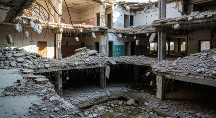 Fototapeta premium A wide-angle shot captures the interior ruins of a building with collapsed ceilings, revealing open spaces and debris