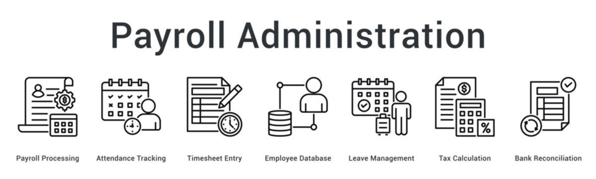 Payroll administration banner web icon processes attendance timesheets employee data leave tax and bank reconciliation.