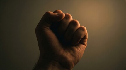 Close up of clenched fist in low light as a symbol of strength power protest and determination