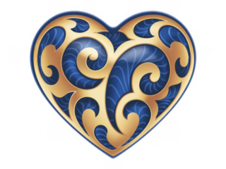 Blue and gold heart shaped ornament with swirling patterns isolated on a transparent background