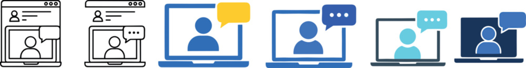 Online communication and video call interface icon set vector illustration showing user profiles chat bubbles and virtual meeting screens for remote work and digital collaboration design
