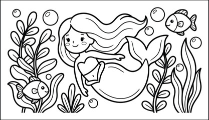 Obraz premium mermaid coloring page line art vector 