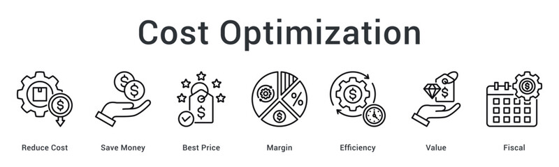 Cost optimization banner web icon featuring strategies for reducing expenses and maximizing profit margins efficiently.