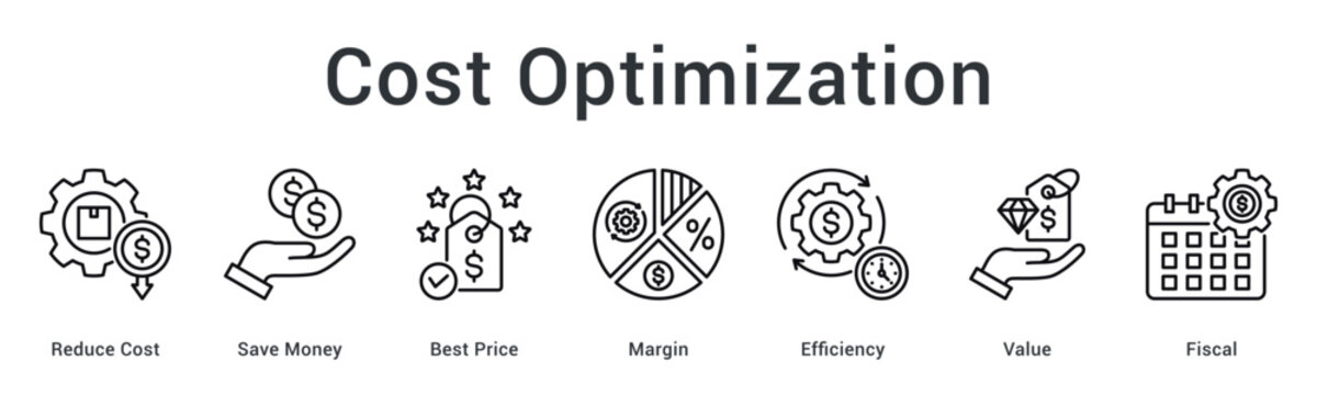 Cost optimization banner web icon featuring strategies for reducing expenses and maximizing profit margins efficiently.