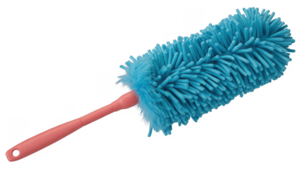 Blue and pink dusting brush with long handle cleaning tool isolated on a transparent background