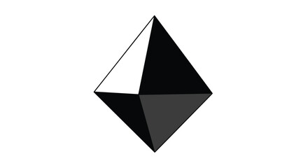 Black, white, and gray 3D octahedron, a platonic solid with eight triangular faces, isolated on a white background.